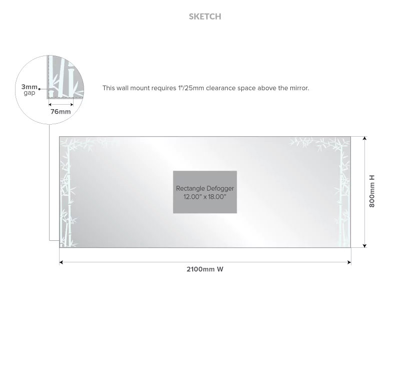 Drawing of a mirror with a bamboo-light border and a rectangular defogger at the center.