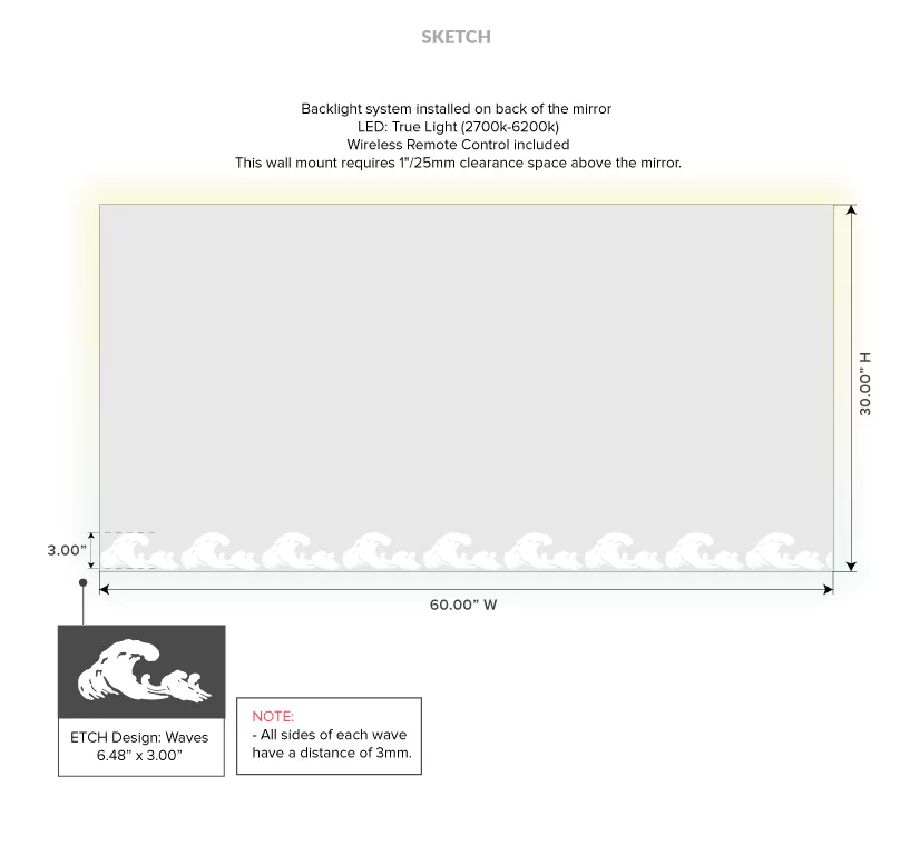 Drawing of a backlit mirror with a wave design and detailed dimensions.