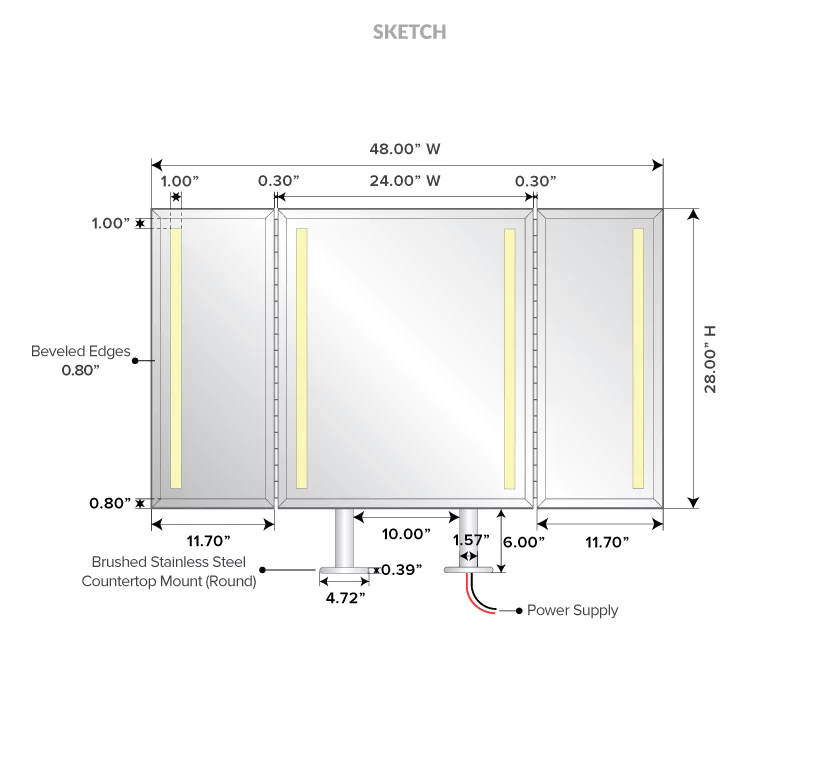 Countertop mount illuminated mirror with beveled edges and detailed dimensions.