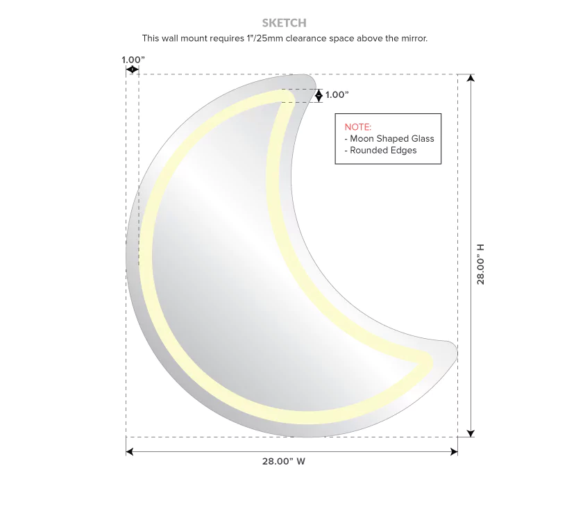 Moon-shaped lighted mirror with rounded edges and precise measurement.