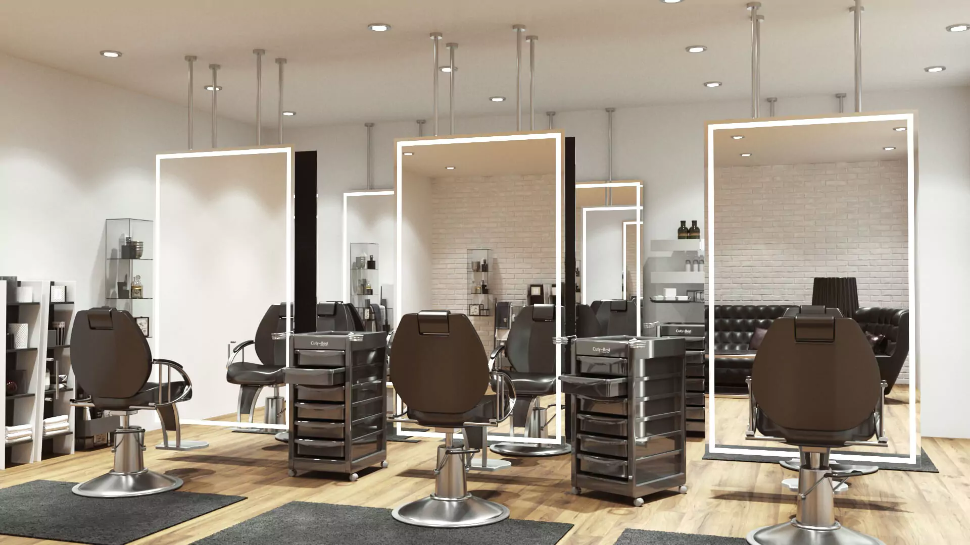 Ceiling-mounted illuminated mirrors in a sophisticated beauty salon.