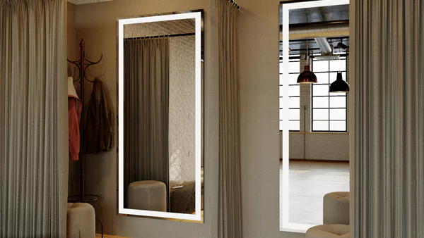 A preview of a lengthy lit mirror in a fitting room with a standing coat rack and brown curtains.