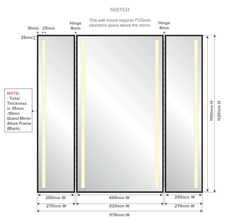 Drawing of a trifold custom-made lighted mirror with specifications and dimensions.