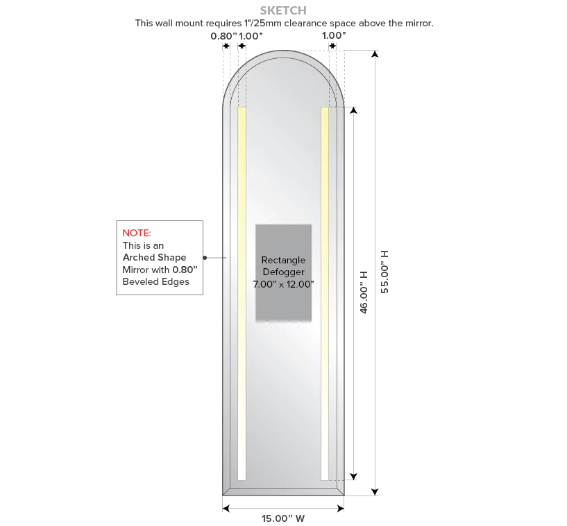 Lighted arched shape with beveled edges and a rectangular defogger and its dimensions.