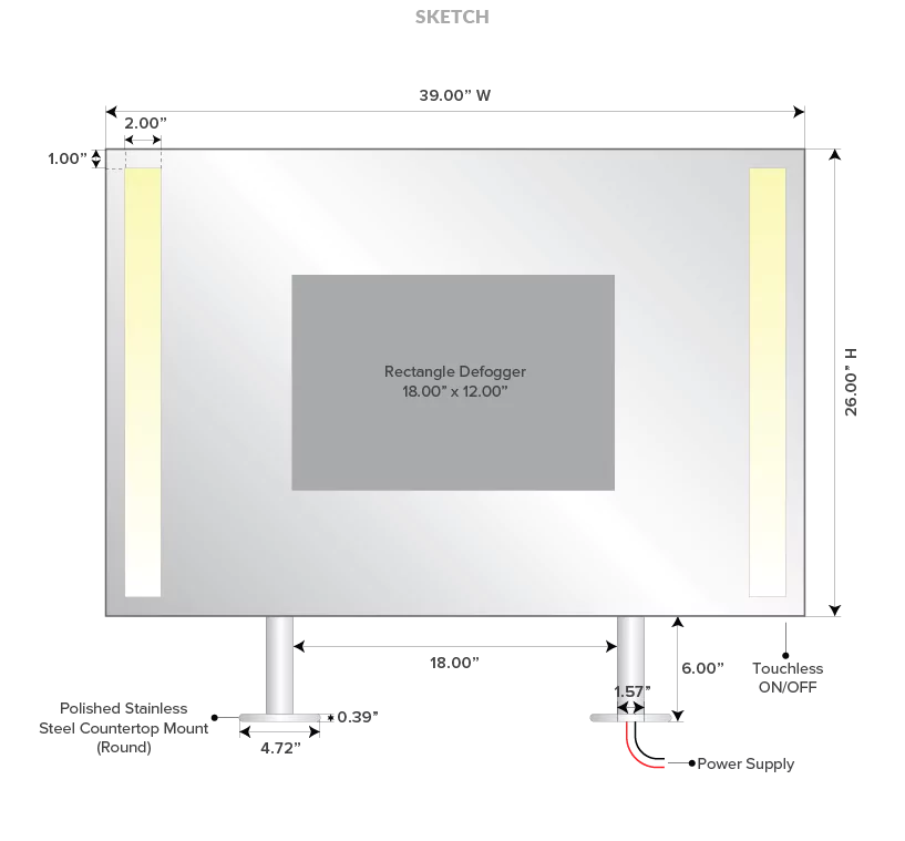 A drawing of a lit mirror shows its dimensions and a rectangle defogger in the middle.