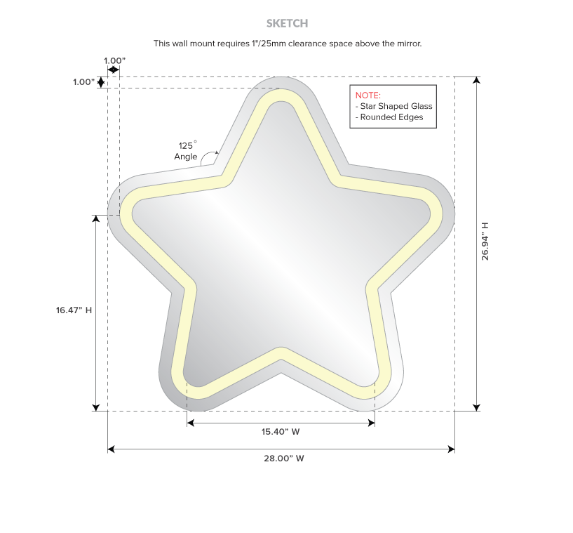 Star-shaped and rounded edges light-framed mirror with detailed dimensions.