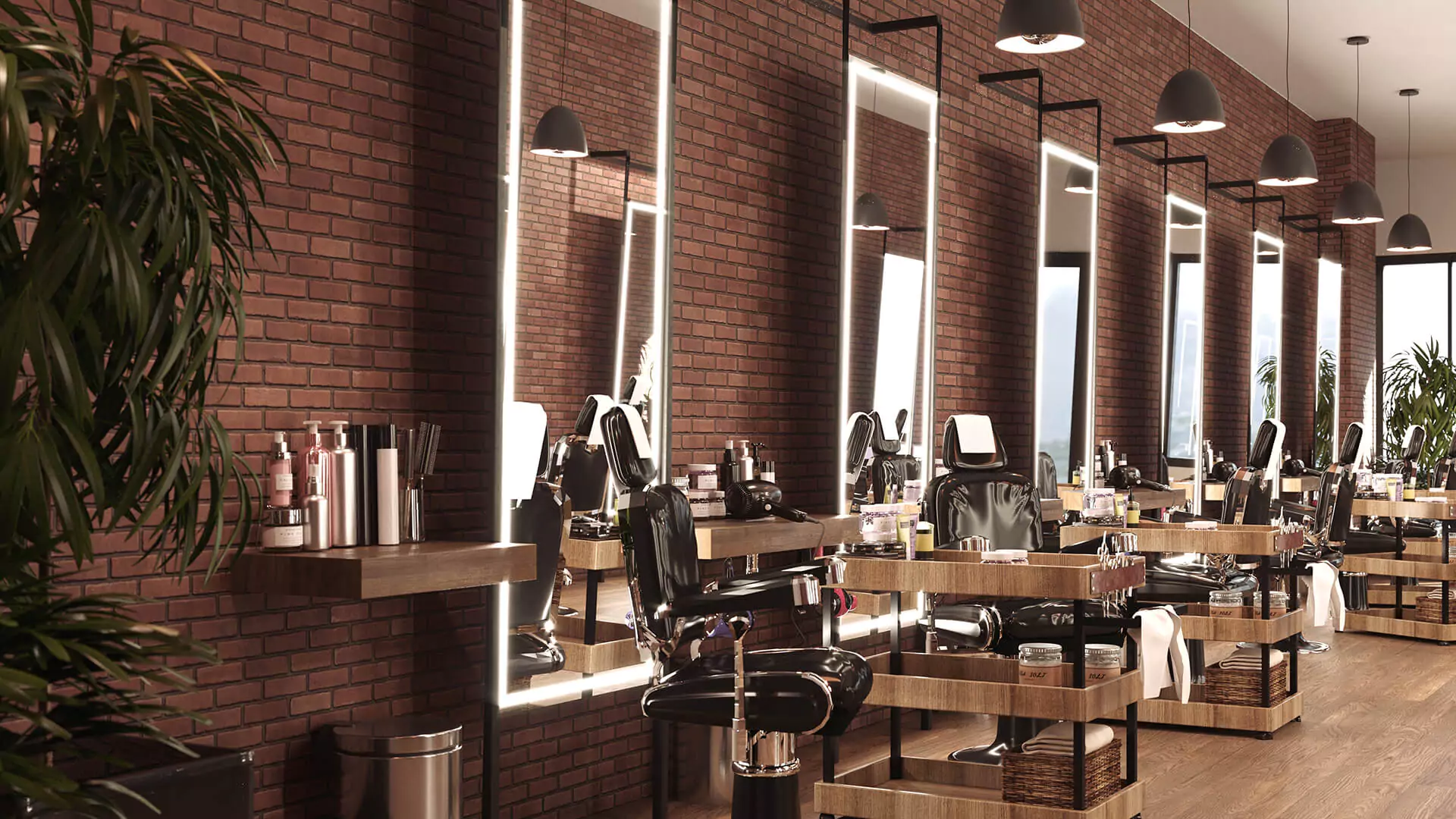 Full-length lighted mirror in a classy salon with black chairs and a beauty kit on a wooden tray.