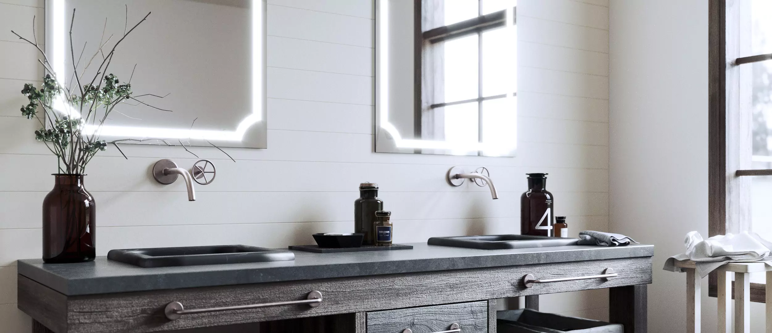 Two lighted Grand Mirrors add a modern touch to the bathroom.