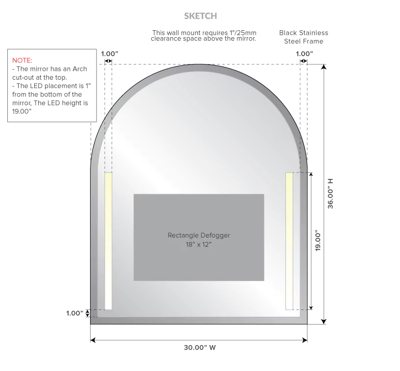 Dimensions of an arch cut-out mirror with black stainless steel frame and rectangular defogger.