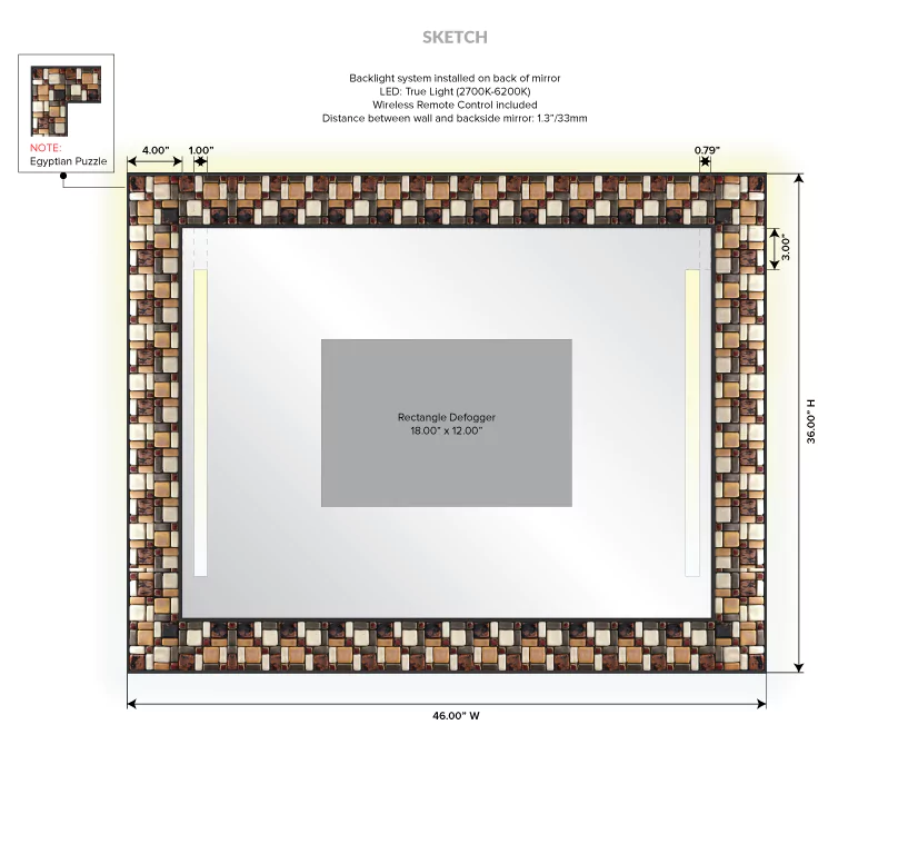 Detailed dimensions of an Egyptian Puzzle frame for a unique lighted mirror.