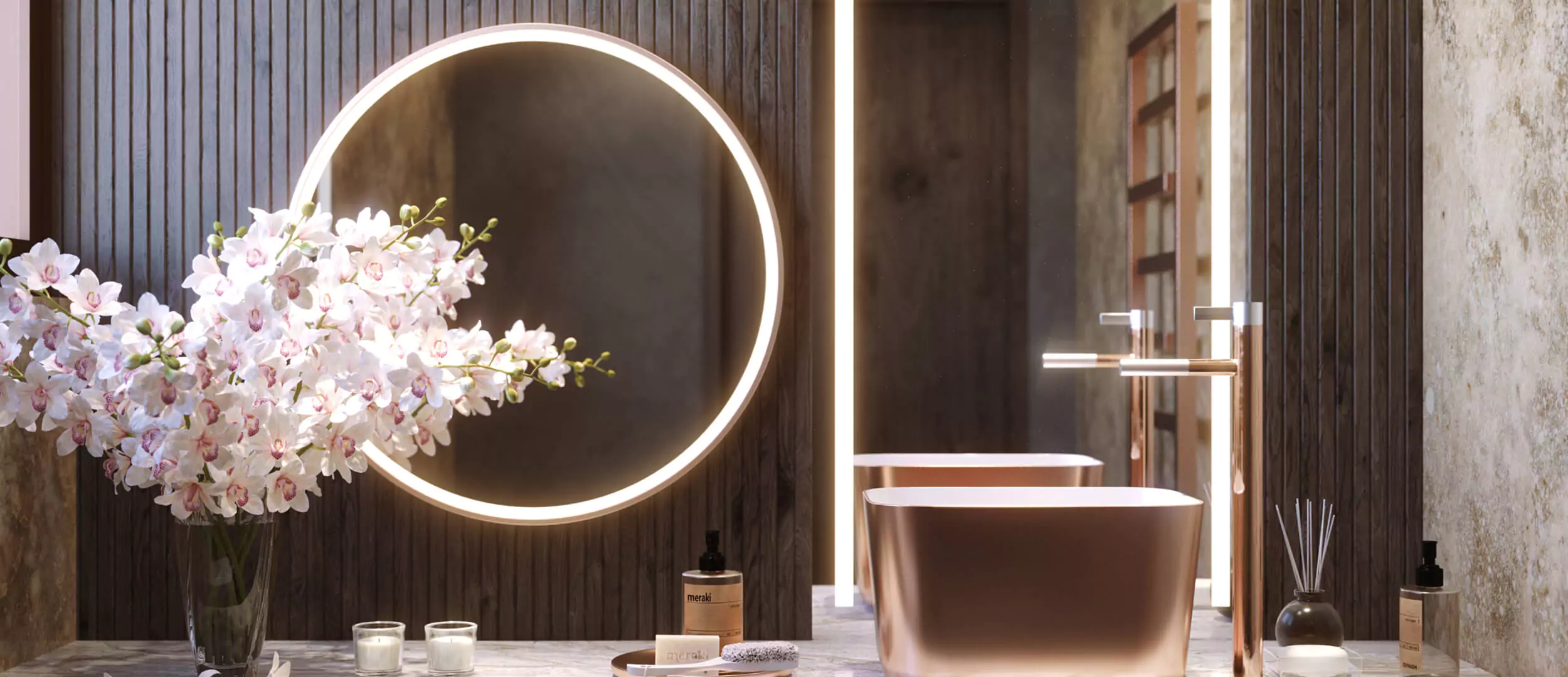 Luxurious circular and rectangular lighted mirror in a classy washroom.