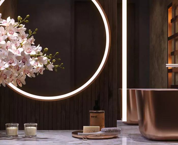 Two LED mirror installed beside a sole sink with a white sampaguita flowers.