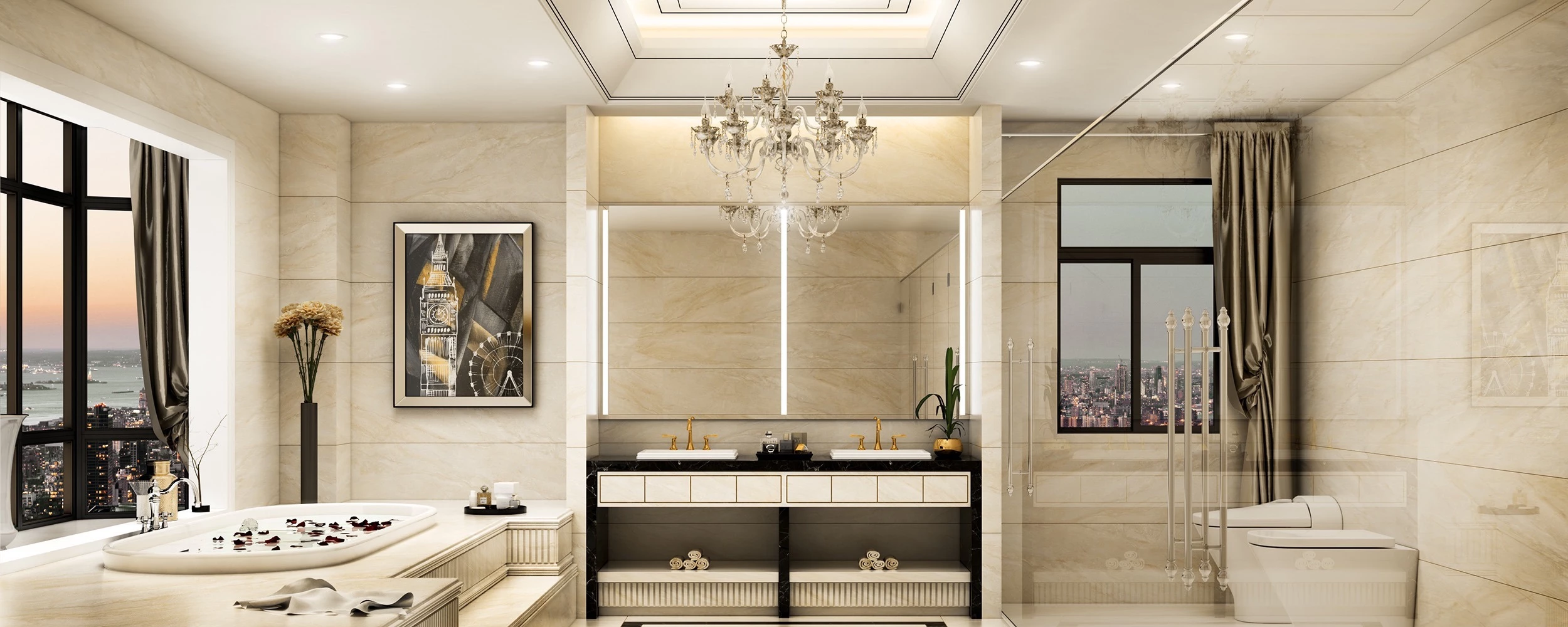 Luxurious bathroom with a unique illuminated mirror as the centerpiece of the area.