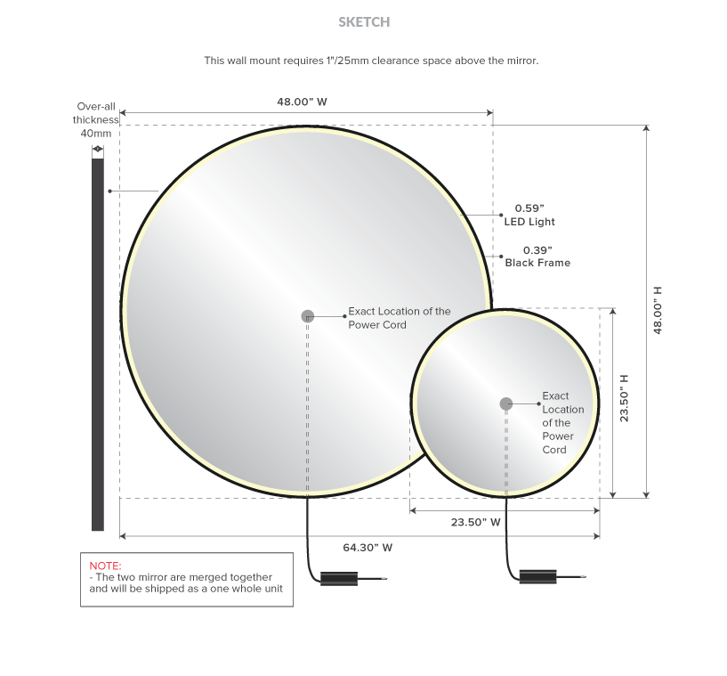 Drawing of a circle-shaped lighted mirror with black frames and dimensions.